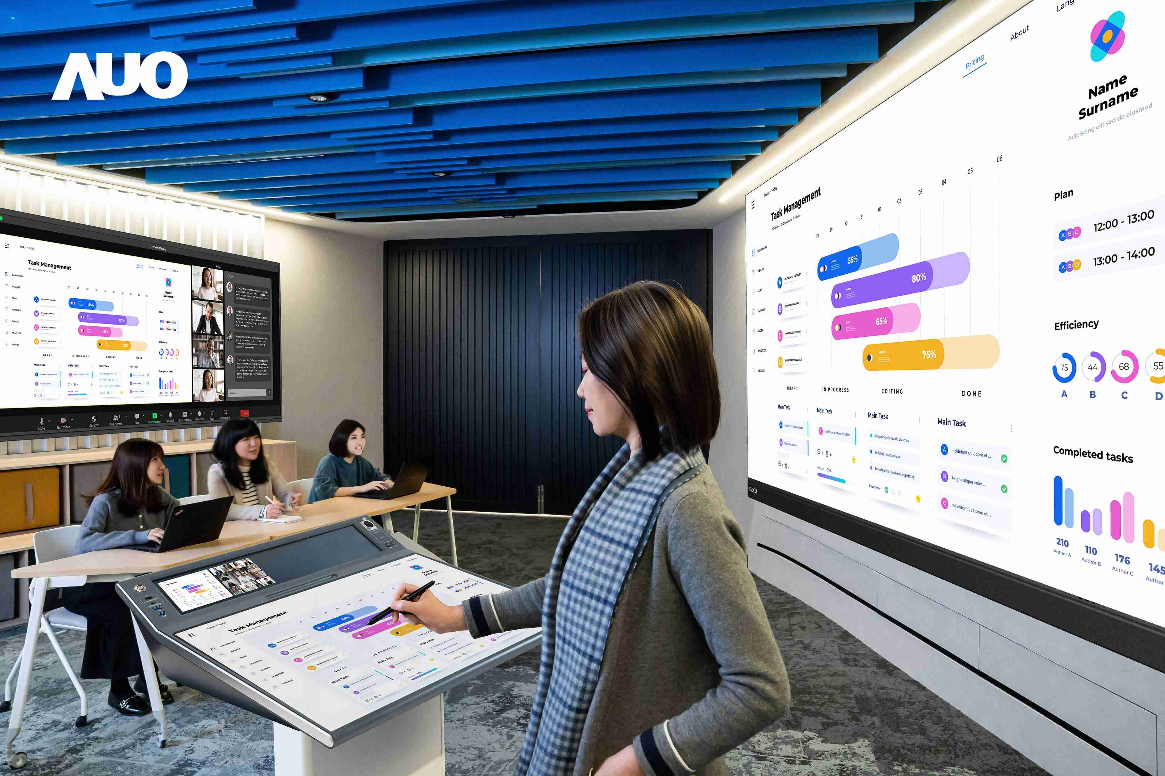 达擎携手Avocor与Rise Vision展示全方位商务领域应用，，，包含采用模块化设计的138吋一体式All-in-One LED显示器及具21:9超宽比例的92吋交互式电子白板（IFPD），，，讲者可轻松分享内容，，，有效提升会议协作效率。。。